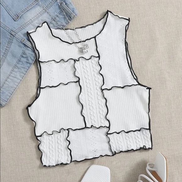 Tops - Y2K white black pieced crop tank